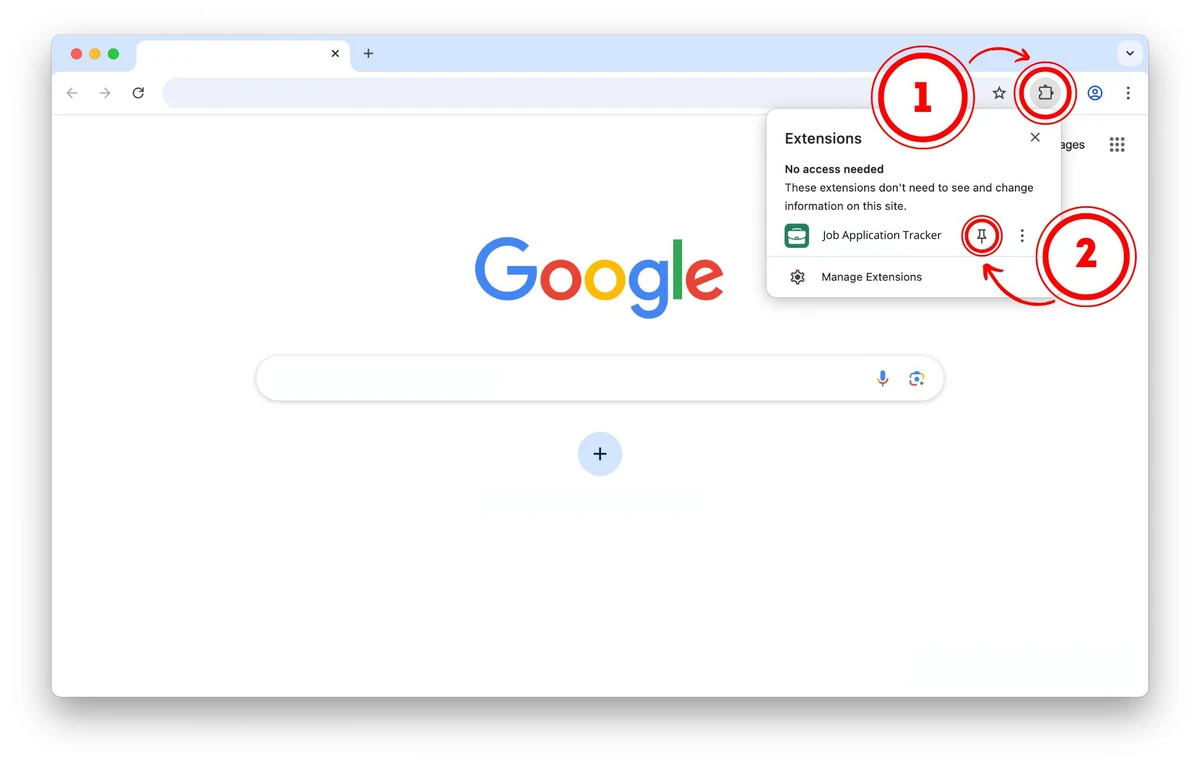 Chrome window with the Extensions menu open: arrow 1 points to the puzzle icon, arrow 2 points to the pin next to Job Application Tracker.