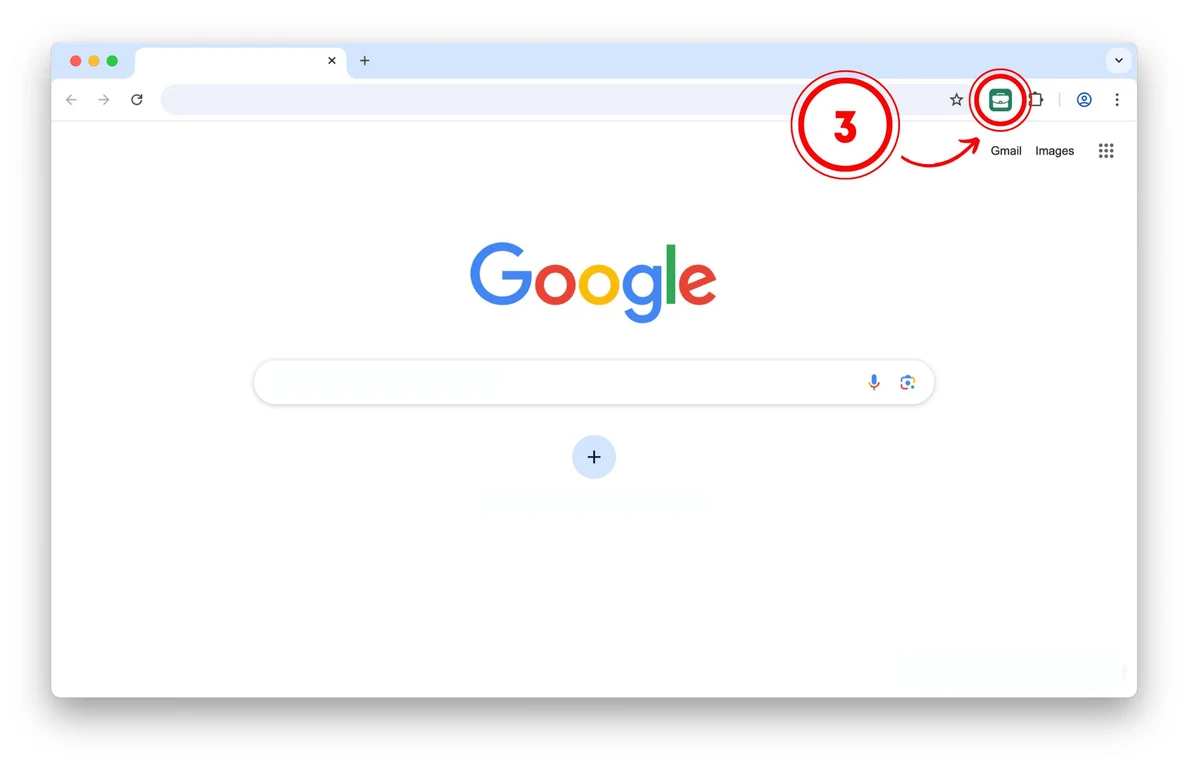Chrome window with arrow 3 pointing to the pinned Job Application Tracker icon in the toolbar.